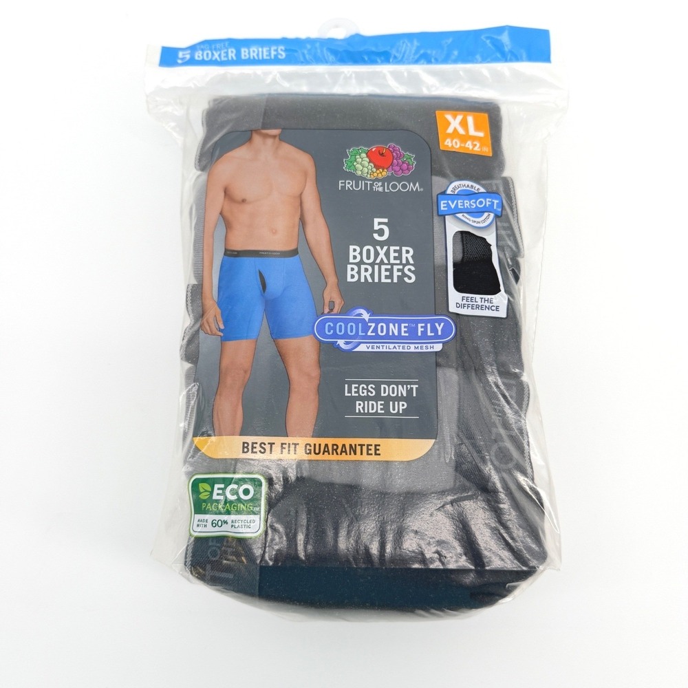Fruit of the Loom Boxer Briefs Men XL Black CoolZone Fly Breathable Eversoft 5pk